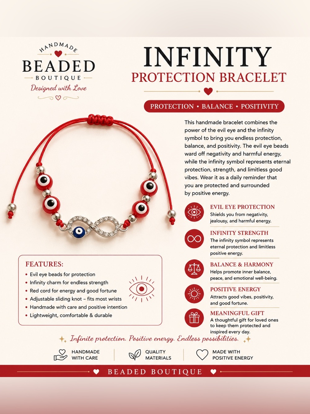 Beaded Boutique Red Evil Eye Infinity Protection Bracelet